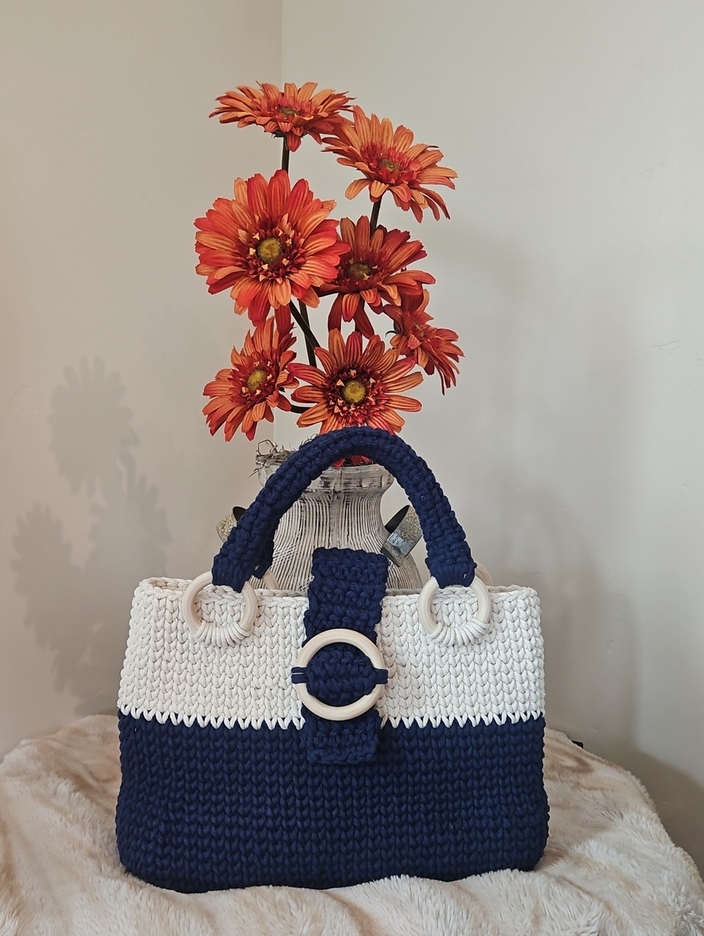 Hand Crocheted Navy and Off White Tote Bag with Ring Accent